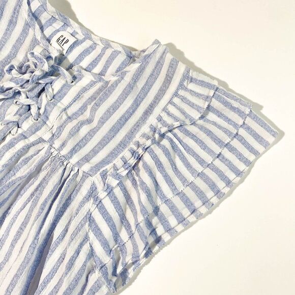 Gap blue pinstripe flutter sleeve tie front blouse - Picture 3 of 8